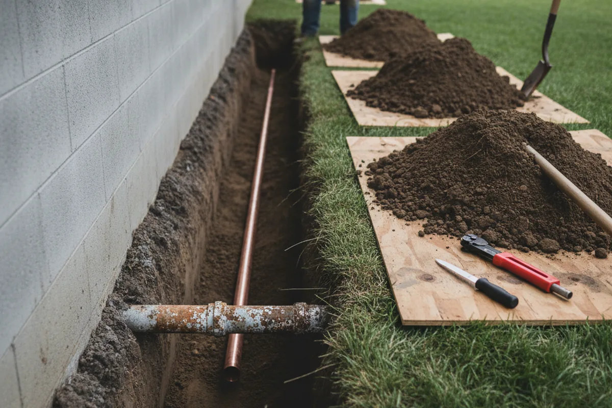 Excavated water line trench during Water Softener Installation in Long Creek
